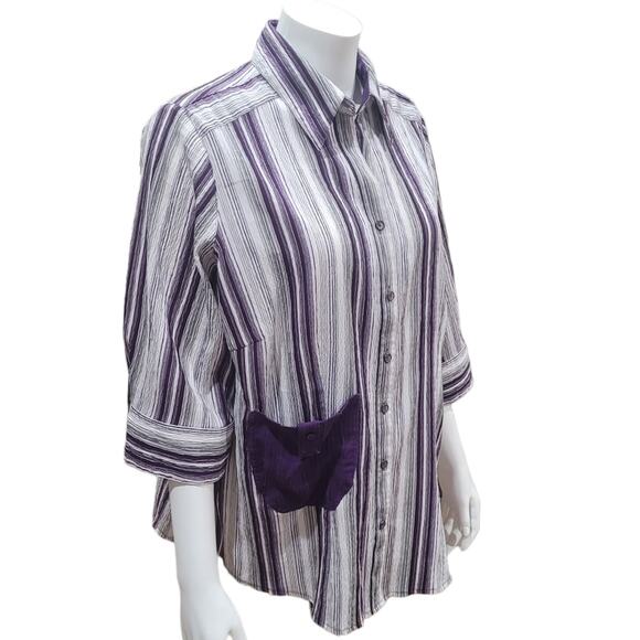 CANDA Women Purple Striped Oversized Shirt Sz Medium Crinkle Patchwork Pockets - Picture 1 of 10
